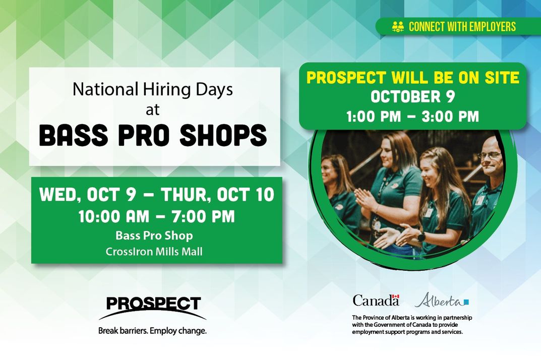 ProspectEmploy's tweet photo. 🚨 National Hiring Event 🚨

Bass Pro Shops &amp; Cabela’s are hiring today and tomorrow! 

🎯 Prospect onsite at Bass Pro Shops CrossIron Mall today from 1-3 p.m. for support!

Walk-ins welcome. For more info and to register, go to https://t.co/ZUgffBMtCU https://t.co/dZJ5MZ87iF