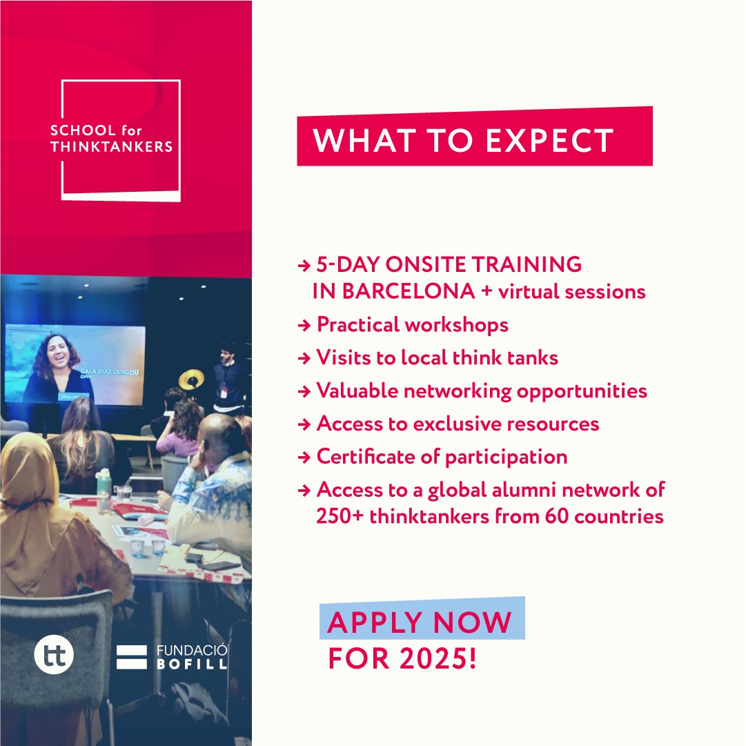 On Think Tanks (@onthinktanks) on Twitter photo Aspiring to be a #ThinkTank leader?
Join the 9th OTT #SchoolForThinktankers2025 in #Barcelona at <a href="/FundacioBofill/">Fundació Bofill</a>, 3-7 Feb 2025! 🇪🇸
Apply now: airtable.com/appAQqKRg1rXmJ… & learn more: onthinktanks.org/event/school-f…
Need a visa? Apply early (3-4 months needed depending on your country). Aspiring to be a #ThinkTank leader?
Join the 9th OTT #SchoolForThinktankers2025 in #Barcelona at <a href="/FundacioBofill/">Fundació Bofill</a>, 3-7 Feb 2025! 🇪🇸
Apply now: airtable.com/appAQqKRg1rXmJ… & learn more: onthinktanks.org/event/school-f…
Need a visa? Apply early (3-4 months needed depending on your country).