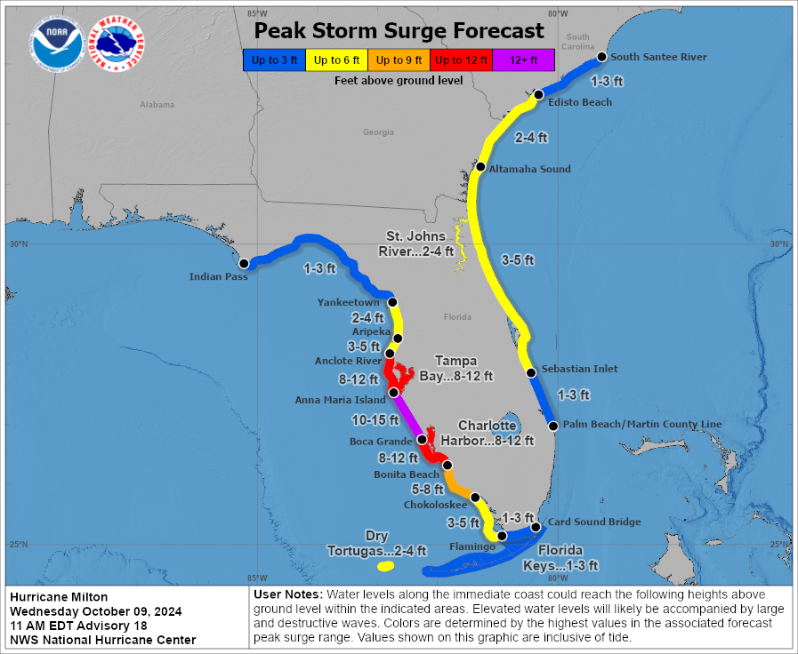 NHC_Surge's tweet image. 10/9 11am EDT: A large area of destructive storm surge is expected along a portion of the west-central coast of the Florida Peninsula.
If you are in the Storm Surge Warning area, this is an extremely life-threatening situation. The time to evacuate is quickly coming to a close.