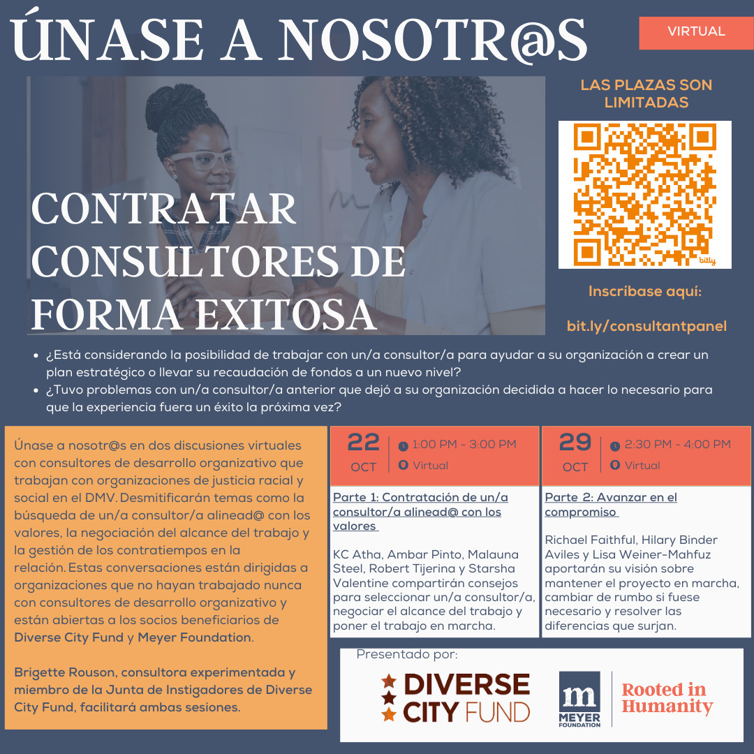 We're excited to partner with @DiverseCityFund to sponsor two discussions on how to effectively hire and work with consultants. Join us for these virtual events on 10/22 &amp; 10/29! This opportunity is open to our grantee partners. To register, visit bit.ly/consultantpanel.