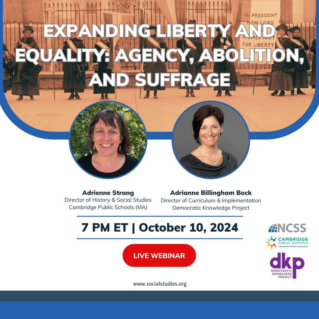 National Council for the Social Studies (NCSS) (@ncssnetwork) on Twitter photo Rescheduled to Jan. 30, 2025.
Join in on this webinar to explore the <a href="/dkpharvard/">The Democratic Knowledge Project</a> high-quality, open source curriculum, Expanding Liberty And Equality: Agency, Abolition, And Suffrage.
➡️ Free to NCSS Members: hubs.li/Q02RxZH40 #edchat #history #suffrage #abolition Rescheduled to Jan. 30, 2025.
Join in on this webinar to explore the <a href="/dkpharvard/">The Democratic Knowledge Project</a> high-quality, open source curriculum, Expanding Liberty And Equality: Agency, Abolition, And Suffrage.
➡️ Free to NCSS Members: hubs.li/Q02RxZH40 #edchat #history #suffrage #abolition
