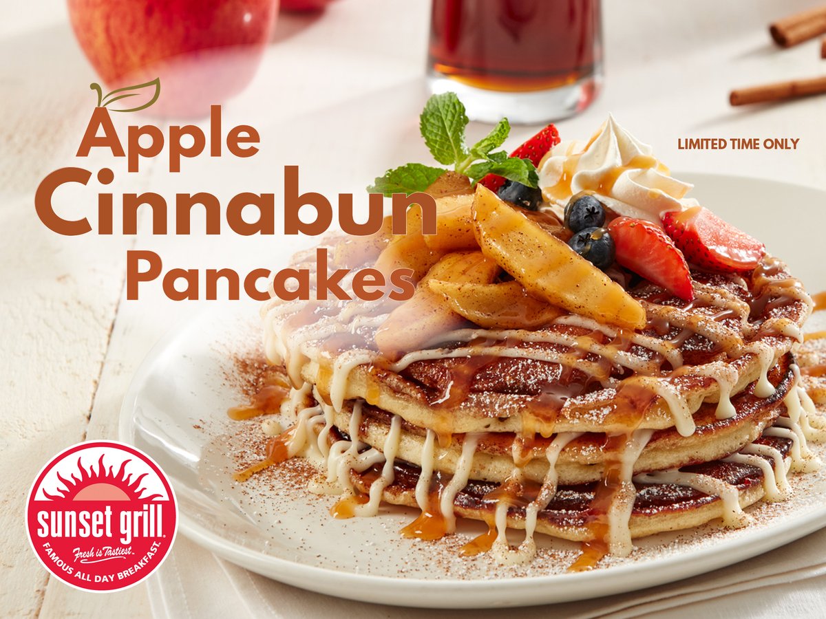 Start your day with our NEW Apple Cinnabun Pancakes! 🍎🥞

Indulge with three cinnamon swirl pancakes layered with cream cheese frosting, topped with caramelized apples, whipped cream, caramel sauce, cinnamon, icing sugar, and fresh berries. 

Limited time only.