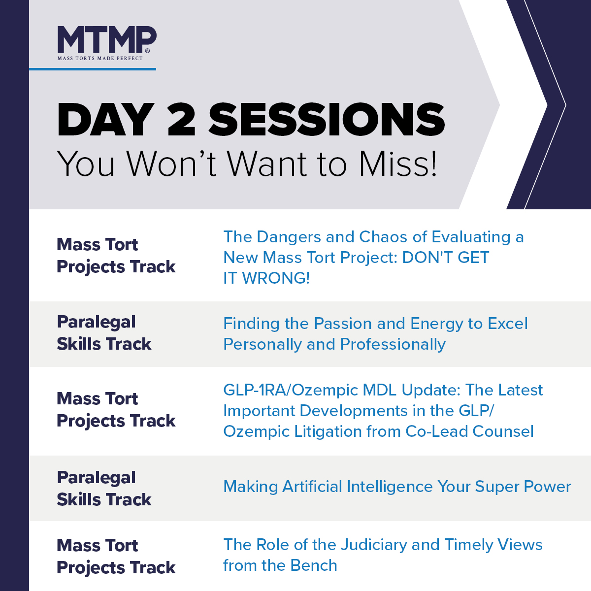 mtmpseminar's tweet image. Hear the latest on current #masstort projects and continue growing your legal skills with these day ✌️ #MassTort Project Track sessions and #Paralegal Track sessions!

Discover the latest session times in the #MTMP app.