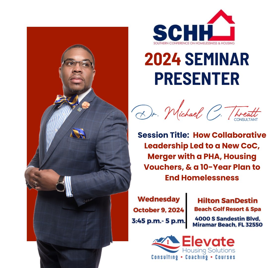 HousingElevate's tweet photo. I am humbled about presenting at the #SCHH24 at the Hilton SanDestin today on "How Collaborative Leadership Led to a New CoC, Merger with a PHA, Housing Vouchers, &amp; a 10-Year Plan to End #Homelessness."

Click the link to register: https://t.co/NyzL3f9XsU
#Educate https://t.co/2a9Dubuc5n