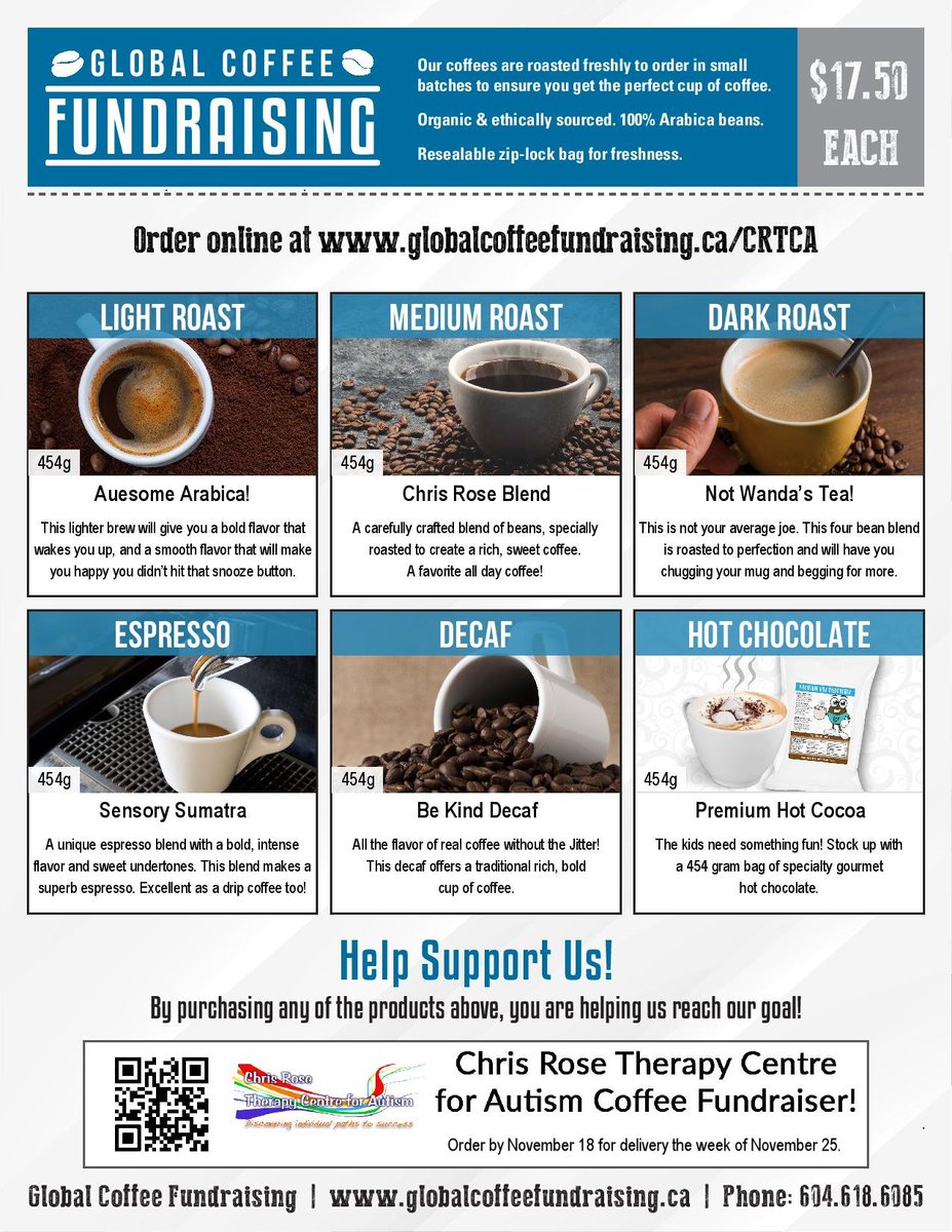 You can call or email us to order directly through us (250-376-6494 or crtca@chrisrosecentre.org), or visit the website at:
globalcoffeefundraising.ca/crtca
You can also have shipped directly to you anywhere in Canada for a small shipping cost and still support the Centre!