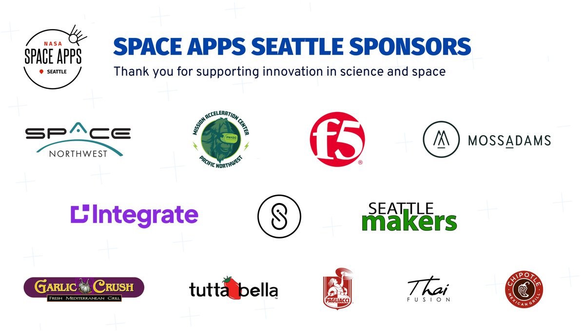 This weekend wouldn’t have been possible without our generous sponsors: Space Northwest, 
Pacific Northwest Mission Acceleration Center (PNW MAC), F5, Moss Adams, Integrate, Stickerjam, Seattle Makers, Garlic Crush, Tutta Bella, Pagliacci, ThaiFusion, and Chipotle.

👏THANK YOU!