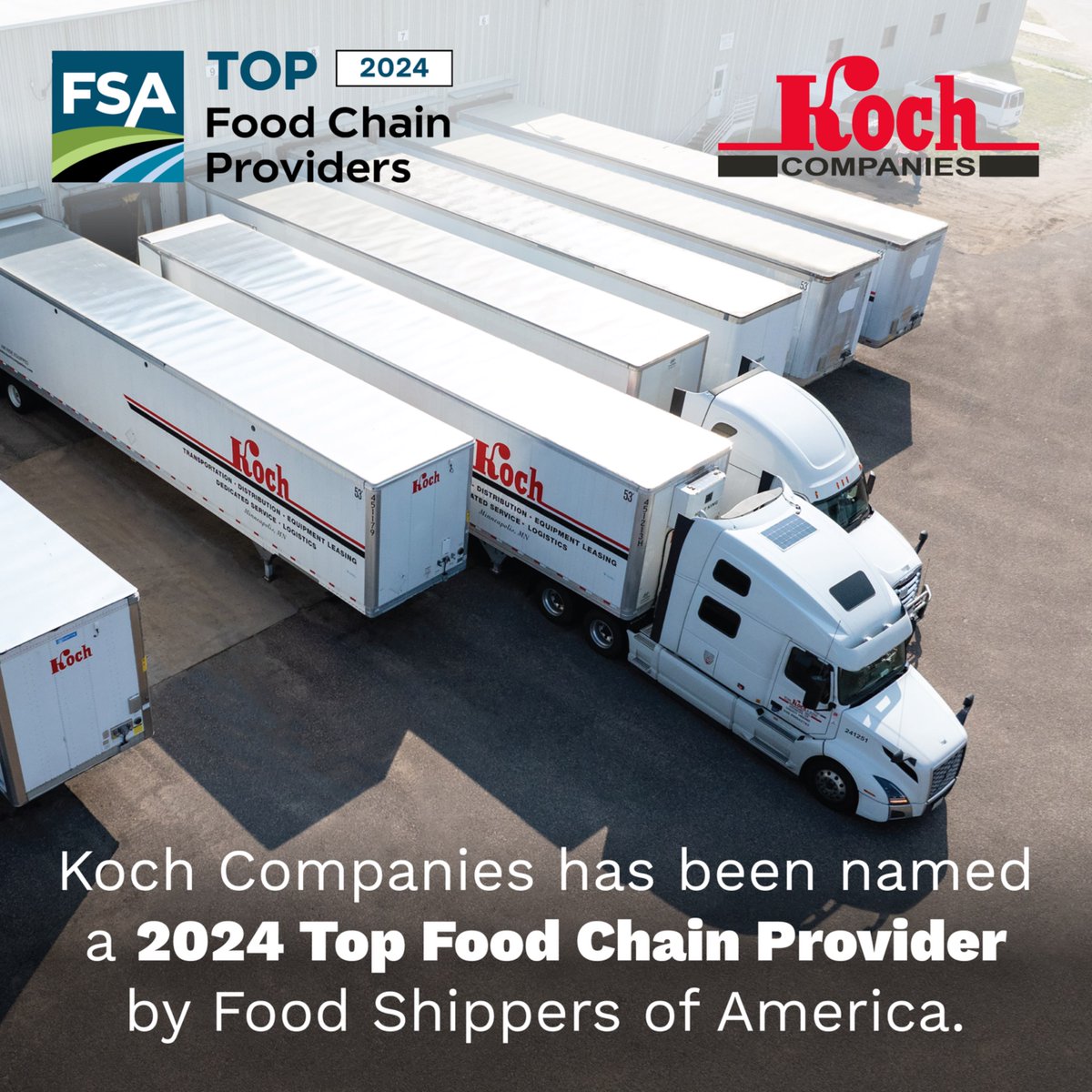 We are excited to announce that Koch Companies has been recognized as a 2024 "Top Food Chain Provider" by Food Chain Digest.  A special thank you to the great employees at all our companies and our customers for helping us achieve this honor!