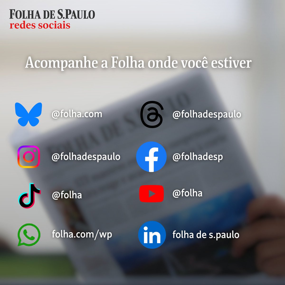 folha's tweet image. 📲 Siga a @folha e se informe de onde você estiver
↪️ Inscreva-se nas nossas newsletters: mla.bs/19bdfe96
🗞️Assine a #Folha: folha.com/assinenotwitter