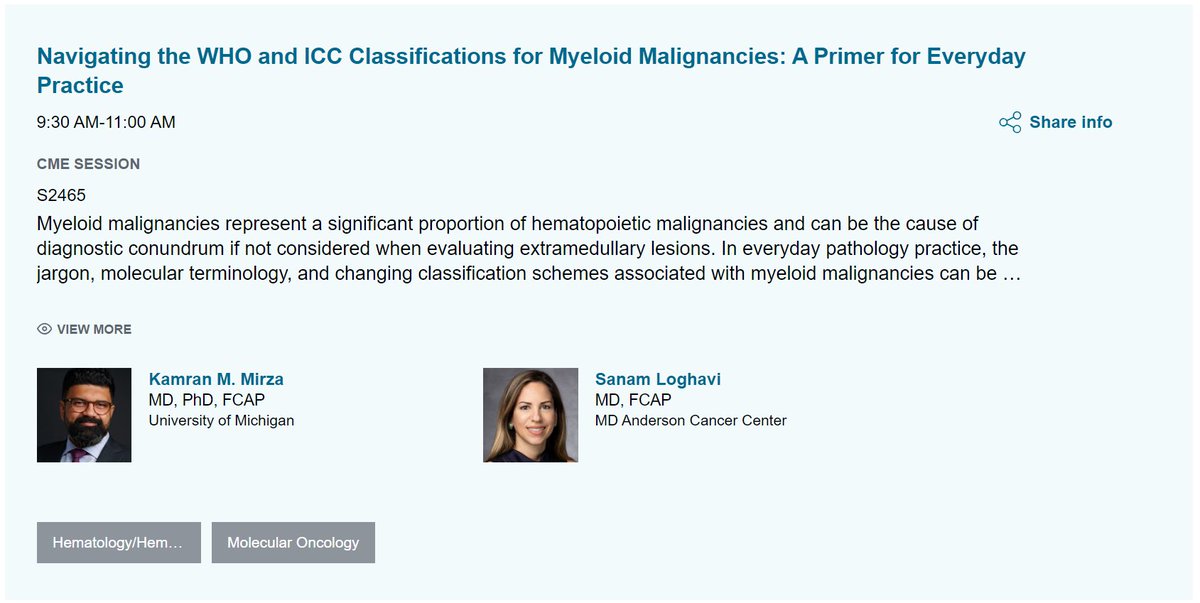 sanamloghavi's tweet image. If you’re into #hemepath and will be at  #CAP24 pls plan on joining @KMirza &amp;amp; myself  for our course on myeloid neoplasms! We’re excited to share some amazing cases and practical diagnostic pearls with you. 
Course details : shorturl.at/0H8GR