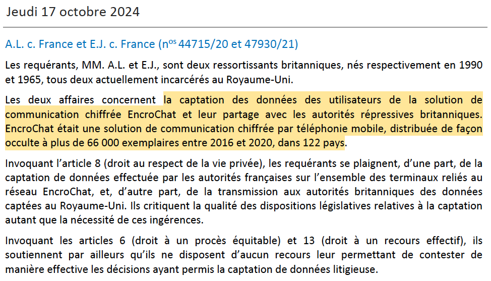 N_Hervieu's tweet photo. « EncroChat » : Jeudi 17 octobre, la CEDH se prononcera pour la toute 1ère fois sur la captation, par infiltration des gendarmes français, de données du réseau crypté EncroChat.

Par cette retentissante infiltration, de très nombreuses enquêtes pénales ont été ouvertes en Europe. https://t.co/scdDtPyIie