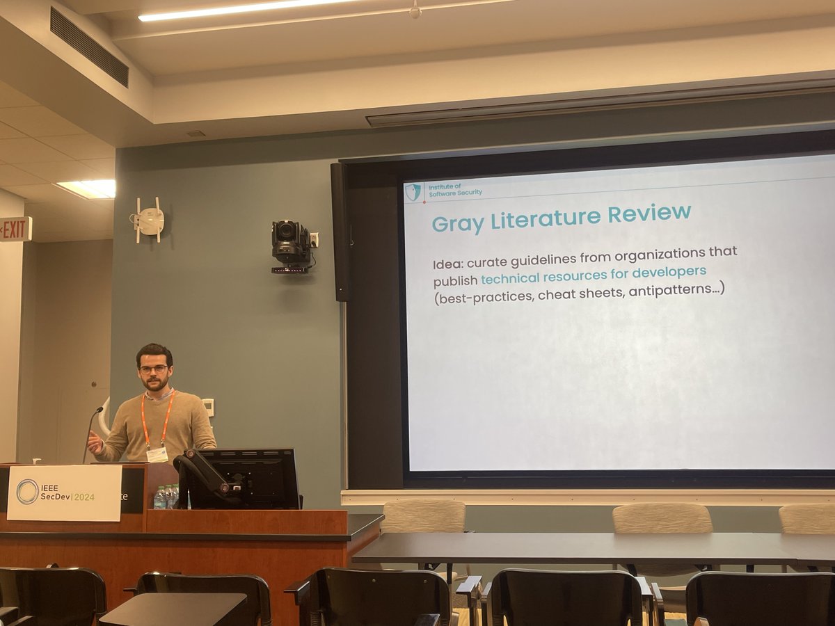 Simon Schneider is presenting their work on a systematic literature review of designing secure AI-based systems at #IEEESecDev 2024.