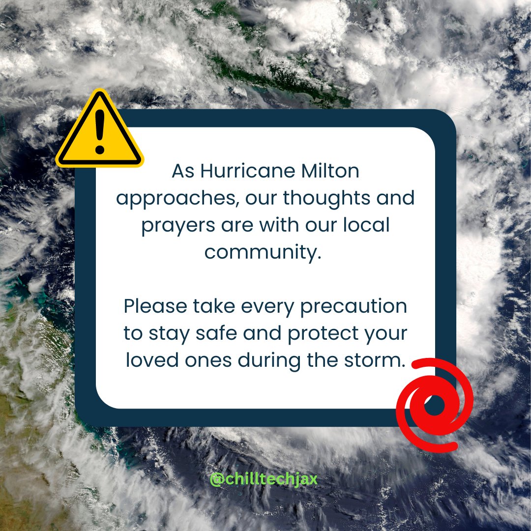 Chilltechnf's tweet image. As Hurricane Milton approaches, our thoughts are with our community. Please take every precaution to stay safe and protect your loved ones during the storm. Your safety is our top priority!

#HurricaneMilton #StaySafe #CommunityFirst #ChillTechCares