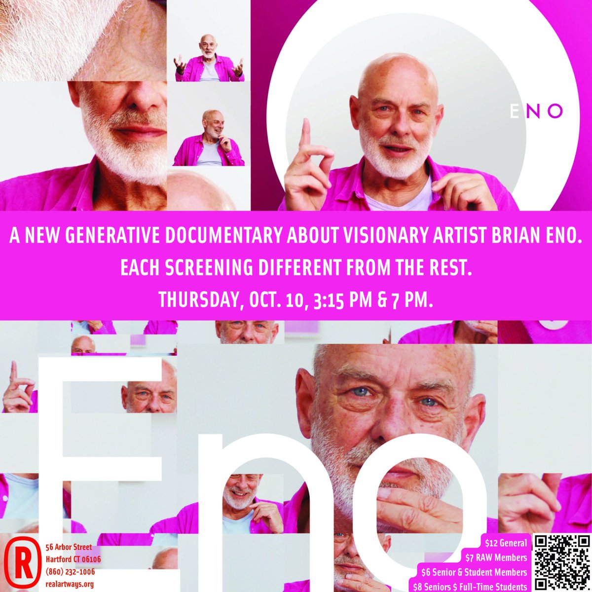 Real Art Ways (@realartways) on Twitter photo New generative documentary "Eno" changes with each screening. Join us for two screenings (each different) - both on Thursday, 10/10, at 3:15p and 7p. Get tix now: realartways.org/event/eno/ New generative documentary "Eno" changes with each screening. Join us for two screenings (each different) - both on Thursday, 10/10, at 3:15p and 7p. Get tix now: realartways.org/event/eno/