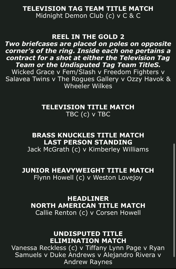 The full lineup has been confirmed for Blood and Thunder, our two night Supershow LIVE! From Thunder Bay.

Night One: Tuesday 15th October

Night Two: Tuesday 22nd October

ALL titles on the line and a ton of opportunities elsewhere.