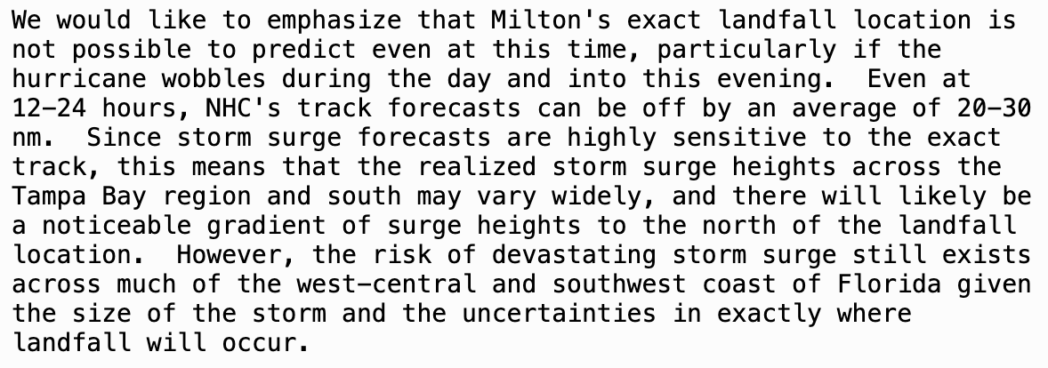 JohnMoralesTV's tweet photo. Our science can only go so far. Excruciating trying to forecast an exact landfall. That's why some communities will be devastated &amp; others will be spared. Everyone needs to be ready, and if you were asked to evacuate you should have done so. See 11am NHC discussion 👇🏼 on #Milton https://t.co/x66u4fpBeM