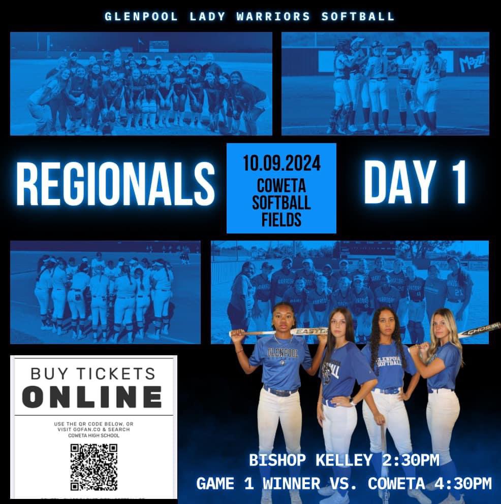 REGIONAL TOURNAMENT GAME DAY IS HERE!! The Glenpool Lady Warriors will compete against Bishop Kelley at 2:30 p.m. at the Coweta High School Softball fields in Coweta.

Come out and cheer on our team! It’s a Great Day to be a Warrior! 💙🥎