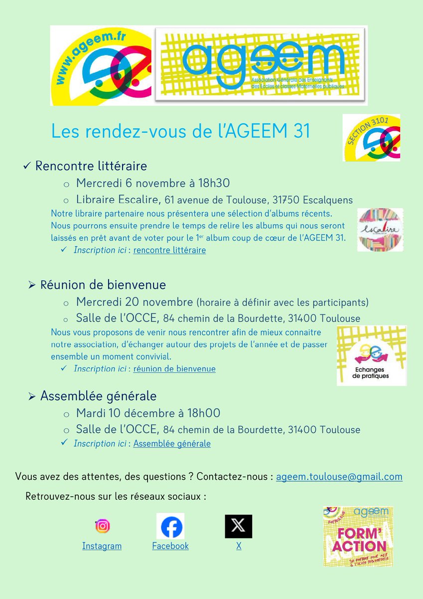 ageem3101's tweet photo. Trois rendez-vous pour se rencontrer, faire connaissance, échanger, se former dans la bonne humeur et la convivialité !
@AGEEM_National @usep_31 @usepnationale https://t.co/JwfwODd7UB