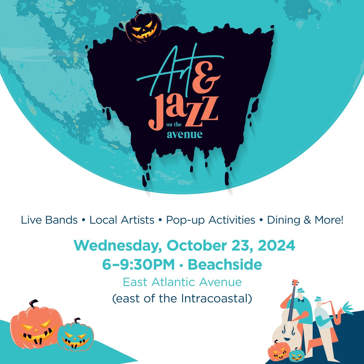 We are TWO weeks out from one of the most fun nights in #DowntownDelray! 

🎃 WHAT: Art and Jazz on the Avenue Beachside
🎃 WHEN: Wednesday, October 23rd • 6pm - 9:30pm
🎃 WHERE: East Atlantic Avenue east of the bridge (from A1A to Venetian)
🎃 MORE INFO: downtowndelraybeach.com/artandjazz