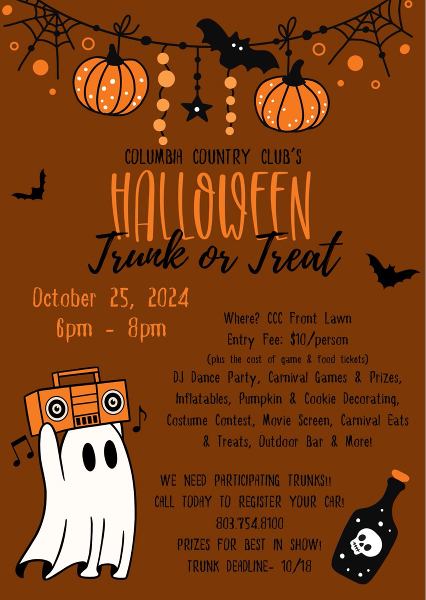 Columbia CC (@columbia_cc) on Twitter photo It’s time for CCC’s Halloween Carnival!!🎃 Let us know if you would like to register your Trunk!!🚗 Call 803.754.8100 or email Taylor@columbiacountryclub.com It’s time for CCC’s Halloween Carnival!!🎃 Let us know if you would like to register your Trunk!!🚗 Call 803.754.8100 or email Taylor@columbiacountryclub.com