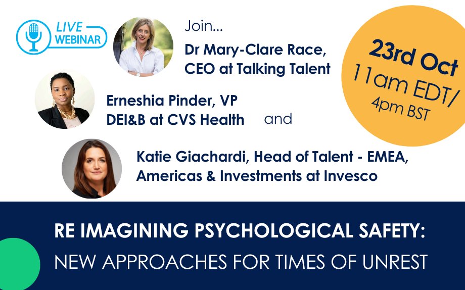 Webinar: Re-Imagining Psychological Safety: New Approaches for Times of Unrest 

🗓 Oct 23rd 
⏰4pm BST | 11am EDT 

Don’t miss this opportunity to rethink how we create and sustain psychological safety in times of global uncertainty.

💡 Register Now:  lnkd.in/en66mEPd