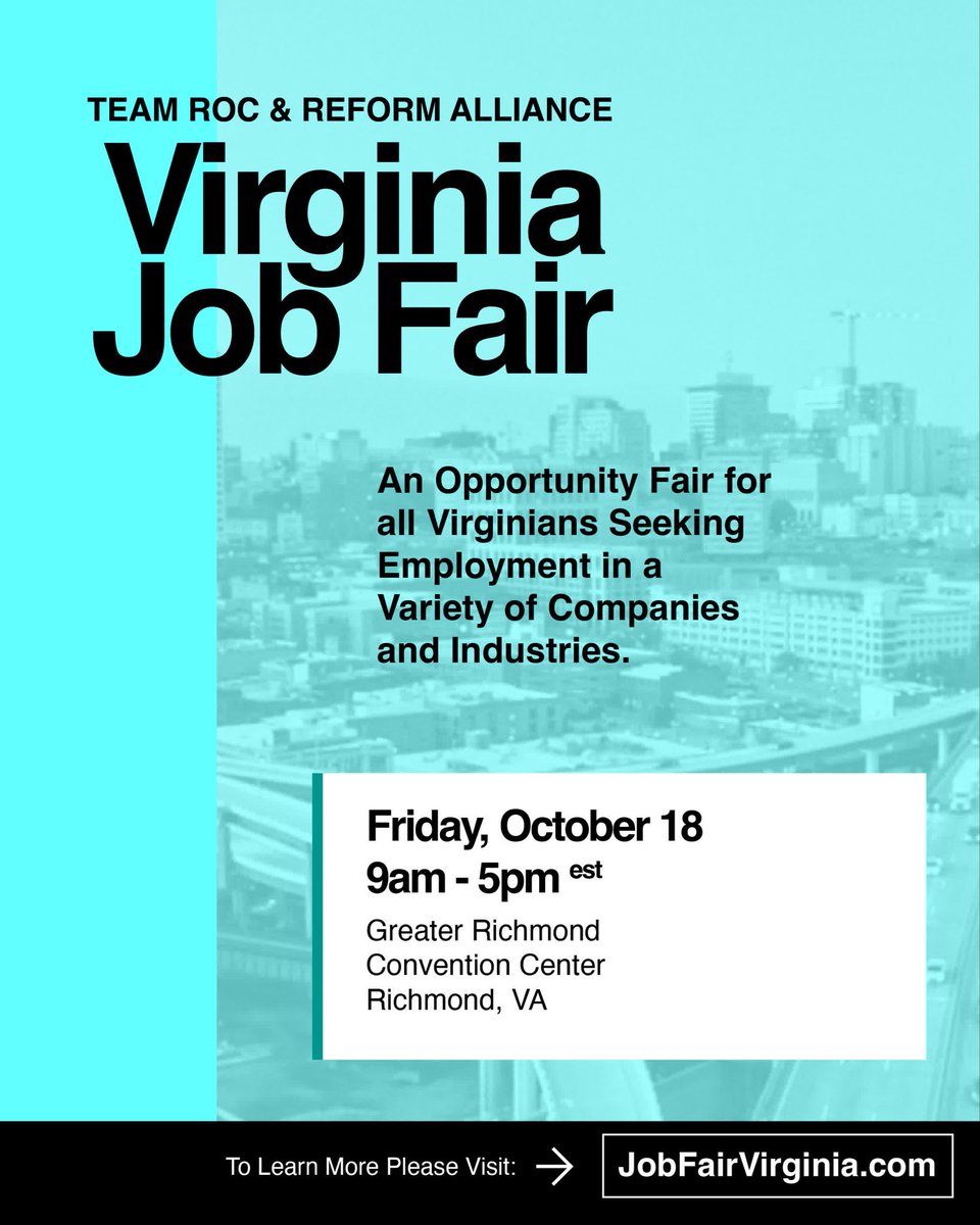 ShawnWeneta's tweet photo. Ready to land a job? 💼  The Virginia Job Fair hosted by @TeamRoc &amp; @REFORM offers FREE haircuts, resume reviews, &amp; wardrobe assistance!  🗓️ 10/18, Richmond Convention Center.  https://t.co/LOicNCEmBb #VAJobFair #SecondChanceHiring https://t.co/6ABKWKhslB