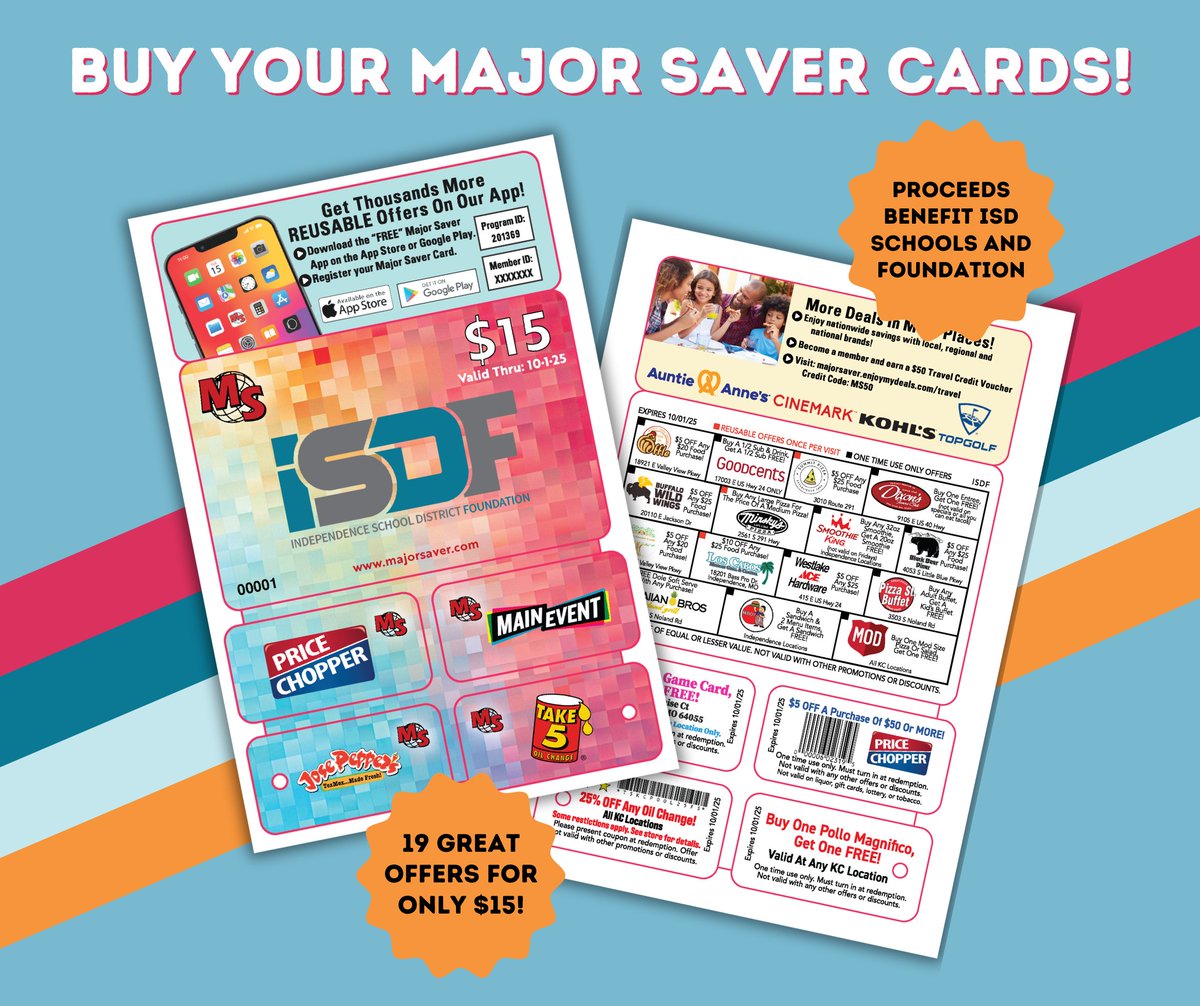 ISD Foundation (@ourisdf) on Twitter photo Today is the last day to purchase your Major Saver card in support of <a href="/ISDSchools/">Independence School District</a> and the ISD Foundation!
For only $15, you receive 19 great offers and thousands more reusable offers through the Major Saver app. Purchase your card at majorsaver.com/cards 🌟 Today is the last day to purchase your Major Saver card in support of <a href="/ISDSchools/">Independence School District</a> and the ISD Foundation!
For only $15, you receive 19 great offers and thousands more reusable offers through the Major Saver app. Purchase your card at majorsaver.com/cards 🌟
