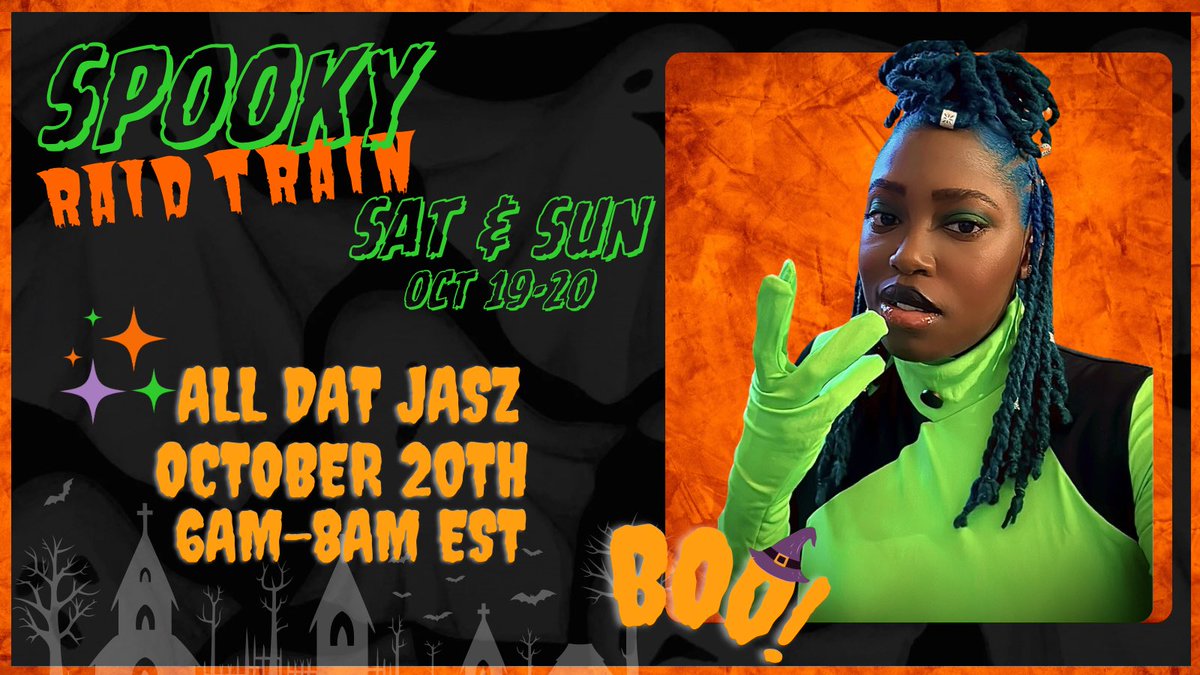 All_Dat_Jasz 隱村 (@all_dat_jasz) on Twitter photo Get ready for a spooktacular time! We've summoned all the lovers of all things eerie to bring you the ultimate Halloween vibes. 👻 Join us for a spine-chilling Spooky Raid Train on October 19th & 20th! Catch me on Twitch October 20th 6-8am EST-don’t miss out on the frightful fun Get ready for a spooktacular time! We've summoned all the lovers of all things eerie to bring you the ultimate Halloween vibes. 👻 Join us for a spine-chilling Spooky Raid Train on October 19th & 20th! Catch me on Twitch October 20th 6-8am EST-don’t miss out on the frightful fun