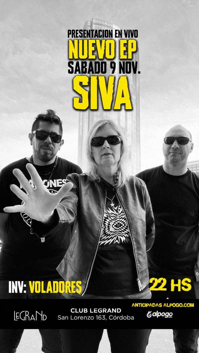 🚨 AGENDA 🔥 SIVA Presentación de nuevo EP en vivo, sábado 9 noviembre en Club Legrand (Cba) Inv.<a href="/VoladoresRock/">Voladores</a> Pre venta con descuento ya alpogo.com/evento/siva-vo… #sivarawk