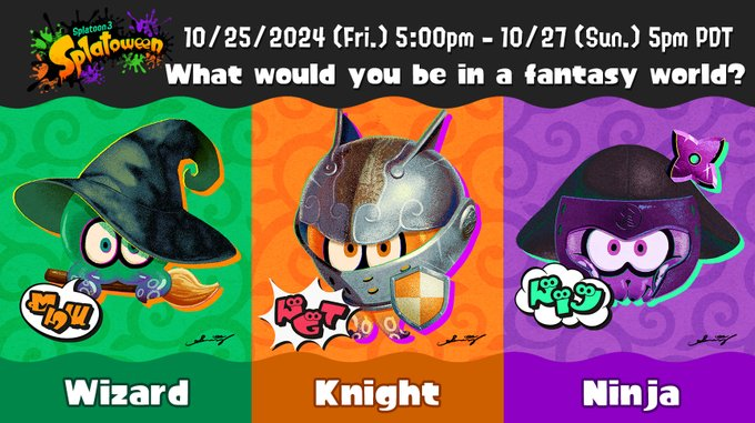 Rayan_BGT's tweet photo. ¡Se acerca el Splatoween!
El Splatfest sera de 10/25 al 10/27 con la temática ¿Qué serías en un mundo de fantasía? Y los equipos a elegir serán: mago, caballero y ninja.
#Splatoon3 #Splatfest https://t.co/Cu7G5H273D