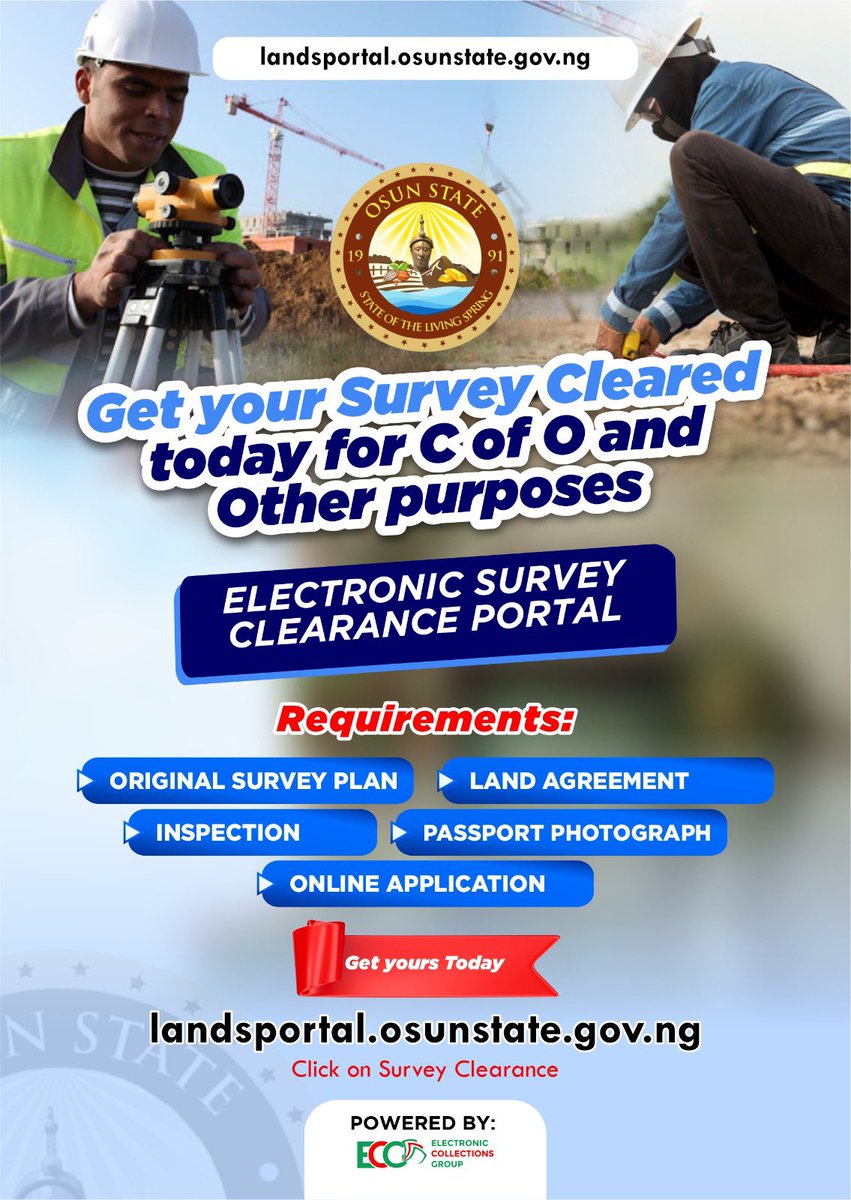 As part of Governor <a href="/AAdeleke_01/">Gov Ademola Adeleke</a>’s move to improve #SDG11 Building sustainable cities and communities 

Processing your Certificate of Occupancy (C of O) is now easier than ever. You can receive your C of O within 45 days of application.

Start by ensuring your survey is cleared.