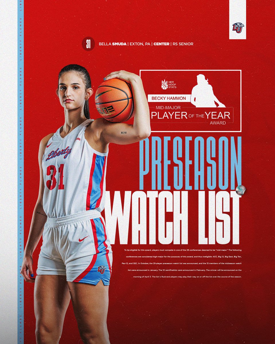 Liberty Women's Basketball (@libertywbb) on Twitter photo FIRST EVER <a href="/LibertyWBB/">Liberty Women's Basketball</a> player included on the Preseason Watch List for the Becky Hammon Mid-Major POY award. Congratulations, Bella‼️ FIRST EVER <a href="/LibertyWBB/">Liberty Women's Basketball</a> player included on the Preseason Watch List for the Becky Hammon Mid-Major POY award. Congratulations, Bella‼️