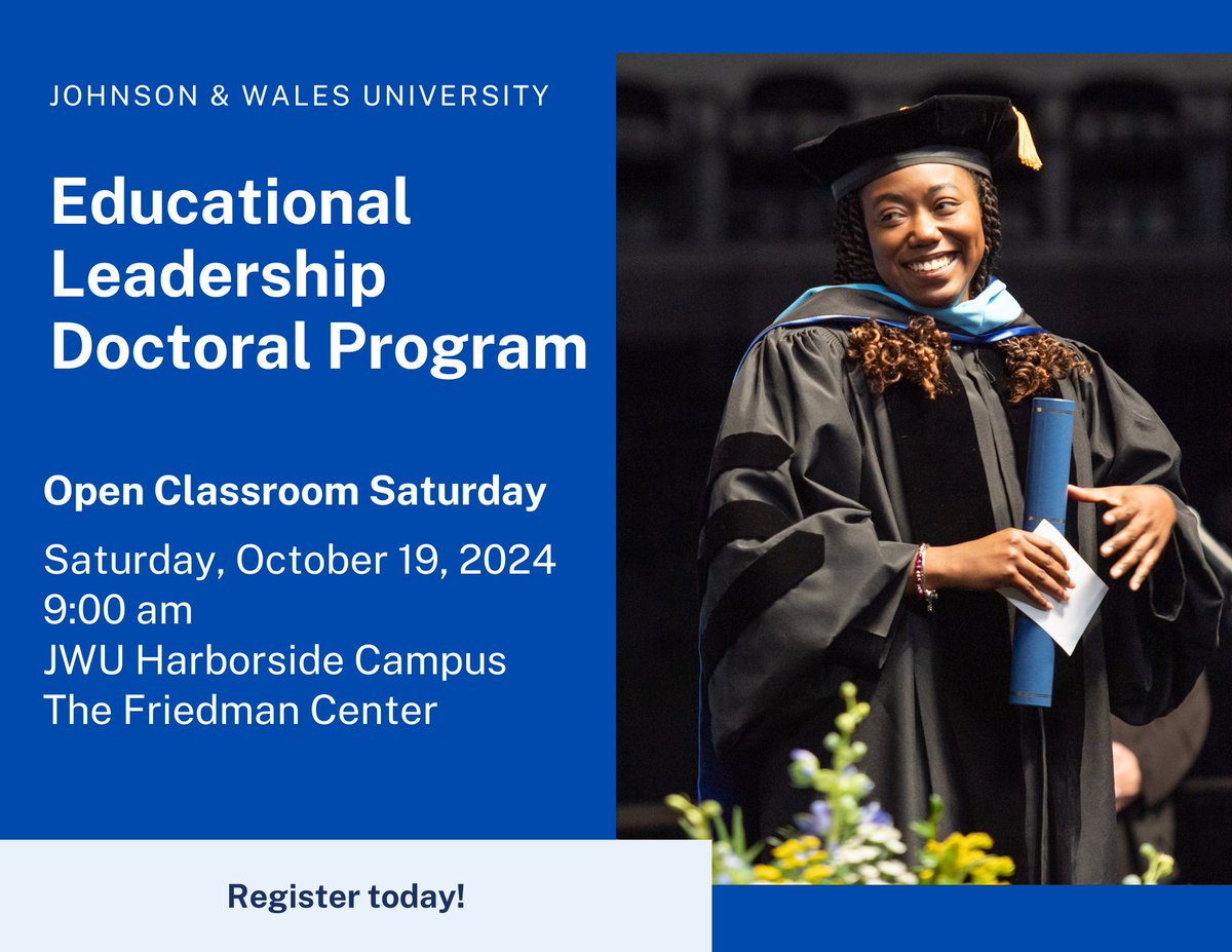 Please join us for our In-Person Ed.D. Open Classroom on Saturday, October 19th, beginning at 9am.

There is still time to register for this great opportunity to experience JWU's Educational Leadership Doctoral Program!

Register today → enroll.jwu.edu/register/?id=8…
