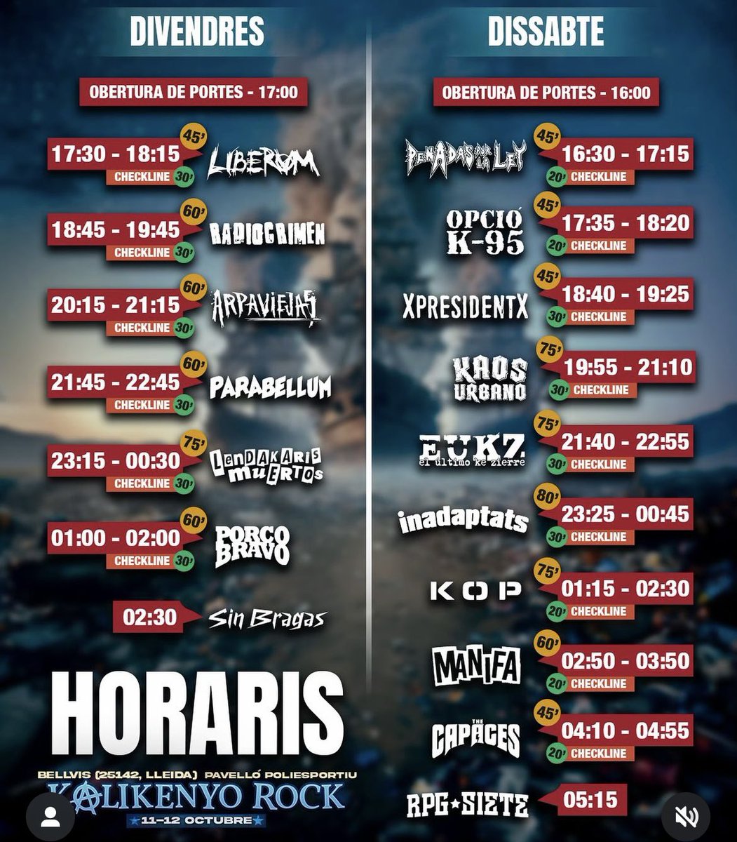 Per fi torna el @kalikenyorock i per fi aquest dissabte tornarem a liar-la ben liada amb un munt de colegues. GANAZAS! Ens veiem allà i us deixem aquí Els horaris. Serà brutal. #antifa #1312 #acab #punkrock