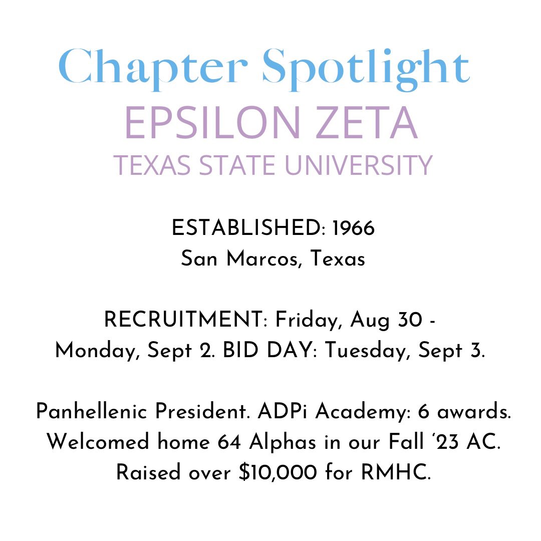 DallasADPi's tweet image. Over these next six months, we will be shining a spotlight on our 10 Texas chapters who participate in Fall Recruitment. Next up is Epsilon Zeta chapter at Texas State University in San Marcos.
 
#WLFEOWednesday #AlphaDeltaPi #FormalRecruitment #GoADPi #ADPiTexasInitiative