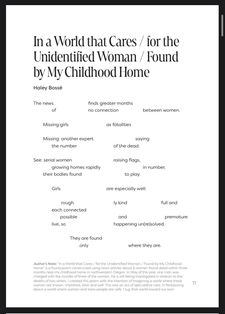 Haley (@talkinghyphae) on Twitter photo As I collected this poem from news stories, I was thinking about erasure and collage as speculative arts.
What if we could excavate a better future from the failures of language and community we have today?
Please read with care.
<a href="/fifthwheelpress/">fifth wheel press</a> 👇🏻
ko-fi.com/s/32ae092404 As I collected this poem from news stories, I was thinking about erasure and collage as speculative arts.
What if we could excavate a better future from the failures of language and community we have today?
Please read with care.
<a href="/fifthwheelpress/">fifth wheel press</a> 👇🏻
ko-fi.com/s/32ae092404