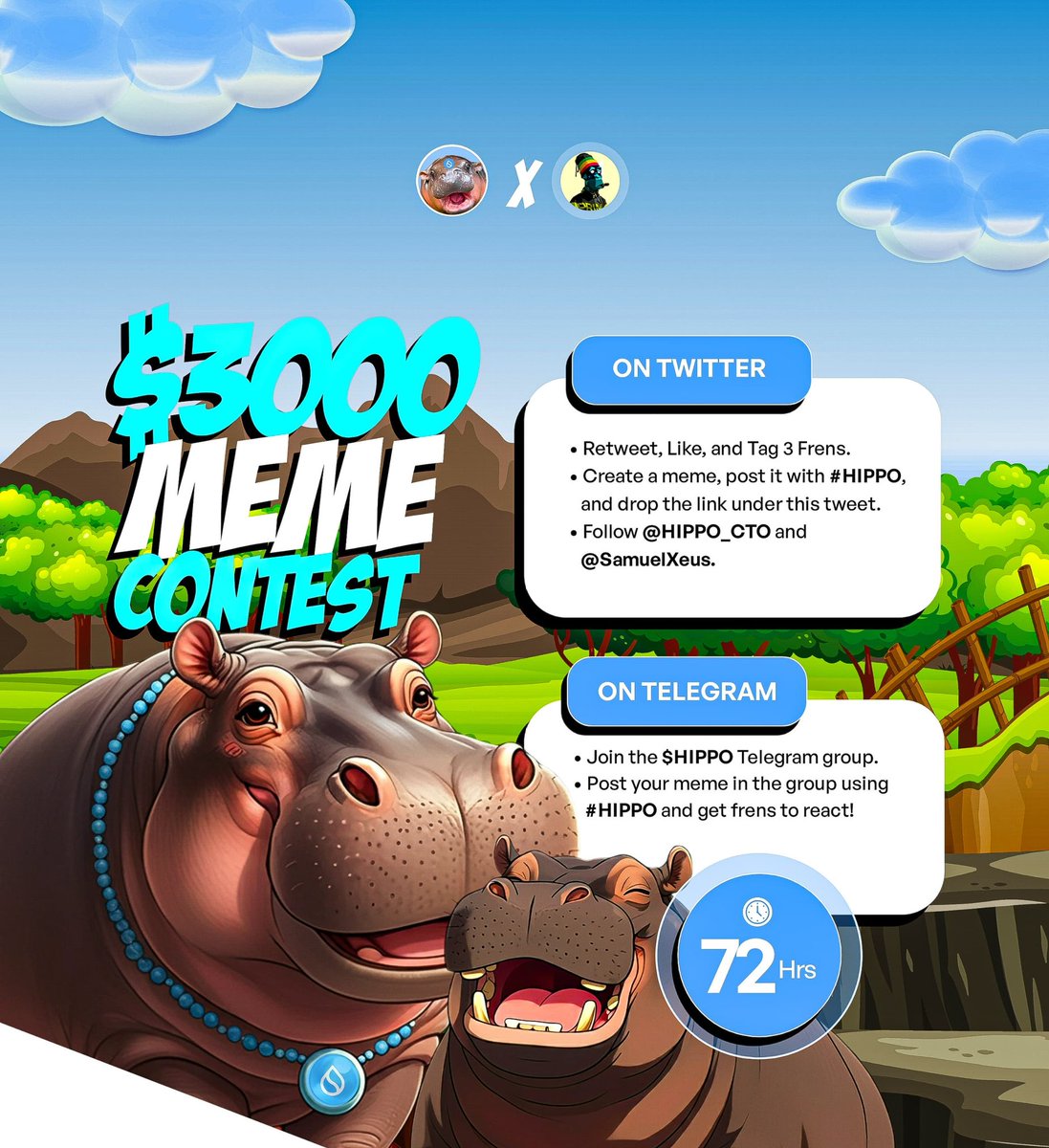 SamuelXeus's tweet photo. Xeus X $HIPPO Meme Contest

The $HIPPO team is giving away $3000 to 30 winners across Twitter and Telegram!

Criteria:

 • On Twitter:
 1. Retweet, Like, and Tag 3 Frens.
 2. Create a meme, post it with #HIPPO, and drop the link under this tweet.
 3. Follow @HIPPO_CTO and @SamuelXeus.
 
• On Telegram:
 1. Join the $HIPPO Telegram group.
 2. Post your meme in the group using #HIPPO and get frens to react!

Timeframe:
You’ve got 72 hours⏳ to enter!

Let’s see your best memes 🦛🦛🦛