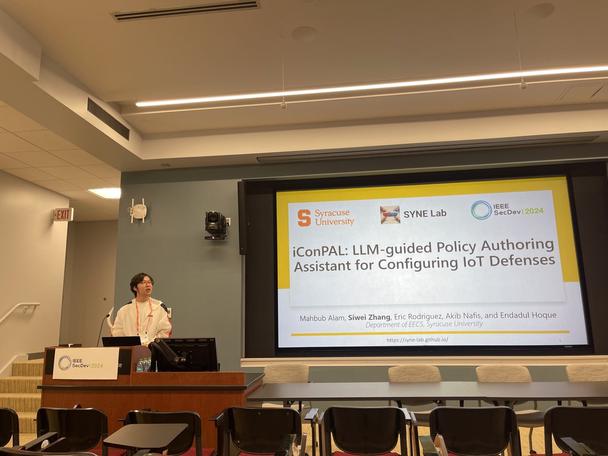 IEEE Secure Development (@ieeesecdev) on Twitter photo Siwei Zhang from <a href="/SyracuseU/">Syracuse University</a> is presenting their work on designing LLM-guided policy authoring assistant for configuring IoT defenses at #IEEESecDev 2024! Siwei Zhang from <a href="/SyracuseU/">Syracuse University</a> is presenting their work on designing LLM-guided policy authoring assistant for configuring IoT defenses at #IEEESecDev 2024!