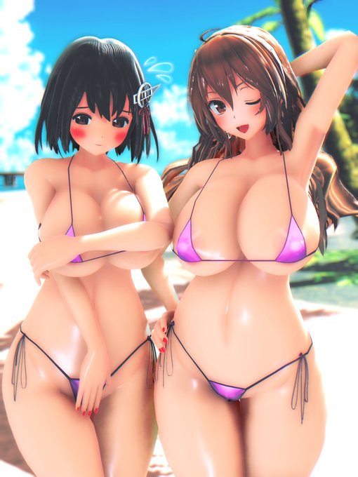 水着羽黒ちゃんと足柄さん | 岳酔 #pixiv  投稿しました 