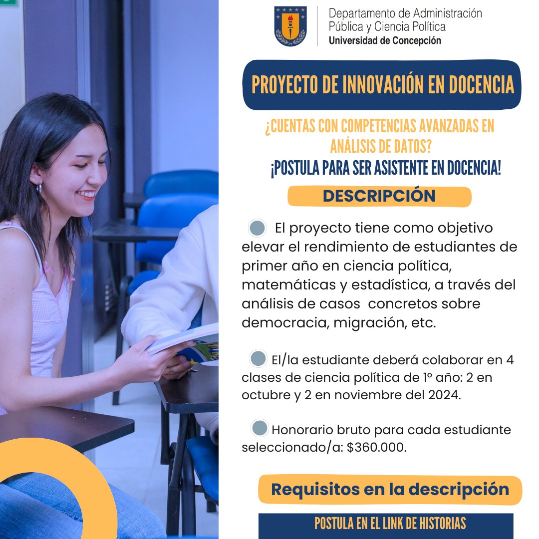 apcp_udec's tweet photo. 👩🏻‍🏫👨🏻‍🏫 ¿Cuentas con competencias avanzadas en análisis de datos? Postula para ser asistente en docencia.

🛎️ Llamado para estudiantes de pregrado y postgrado.

Requisitos: formación académica, competencias técnicas y habilidades de enseñanza. 

Postula aquí: https://t.co/Ft7rDVin3B https://t.co/ltV9VrgJCn