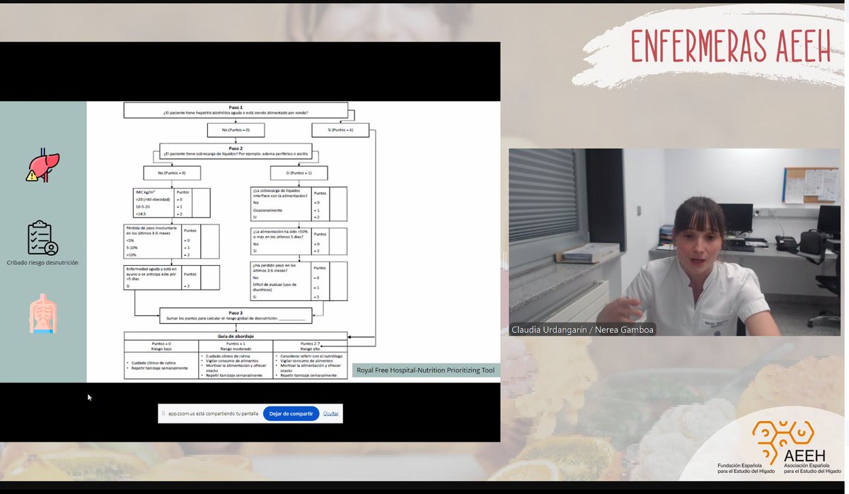 AEEHLiver's tweet photo. 🟠Esta tarde hemos tenido una interesante #webinar sobre nutrición en pacientes con enfermedad hepática organizada por el grupo de #enfermeras de la #AEEH.
📌Claudia Undargarín apuntó a que 3 de cada 4 pacientes con enfermedades hepáticas están desnutridos en los hospitales, "por lo que la detección precoz es importantísima".
📌Nerea Gamboa nos ha hablado de la importancia del #cribado de nutrición: "Lo primero que hay que hacer es realizar un cribado para valorar el riesgo de desnutrición en el paciente".
📌Y Elena León ha abordado la #deglución y la #disfagia y como ésta se diagnostica. ¡Gracias compañeras! 👏👏 #livertwitter #enfermerasaeeh