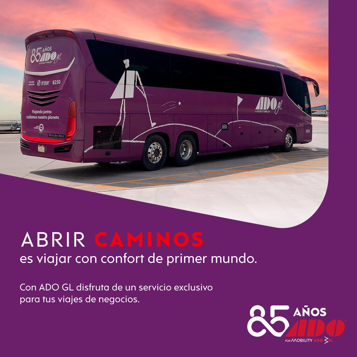 tuADO's tweet photo. Celebramos 85 años de movilidad llevando el confort de primer mundo a tus viajes de negocios con ADO GL. 💼 ¡Un servicio exclusivo para que sigamos abriendo caminos juntos! 🚌
#85Años #ADO #ADOGL #AbrirCaminos https://t.co/Bxhv3bx2e2