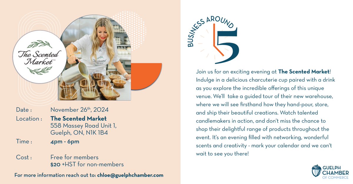 Guelph Chamber (@guelphchamber) on Twitter photo ✨Join us for our #BusinessAround5 at the
<a href="/scentedmarket/">The Scented Market Inc.</a> ! Enjoy nibbles & drinks as we explore this unique & gorgeous venue.🕯️We’ll tour, watch talented candlemakers in action and shop their delightful products! Don’t miss out on a night of networking: bit.ly/3zBXMSa ✨Join us for our #BusinessAround5 at the
<a href="/scentedmarket/">The Scented Market Inc.</a> ! Enjoy nibbles & drinks as we explore this unique & gorgeous venue.🕯️We’ll tour, watch talented candlemakers in action and shop their delightful products! Don’t miss out on a night of networking: bit.ly/3zBXMSa