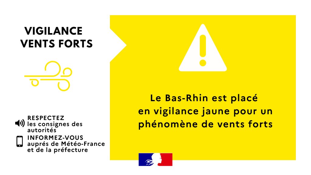 Prefet67's tweet image. #VigilanceMétéo | Le #BasRhin est placé en vigilance jaune 🟡 #vents #forts à compter de ce jour, minuit.

➡️ Des rafales de vents pouvant atteindre les 90 km/h sont attendues tout au long de la nuit et seront accompagnées de pluies régulières 🍃🌧️

👉 Soyez très vigilants et