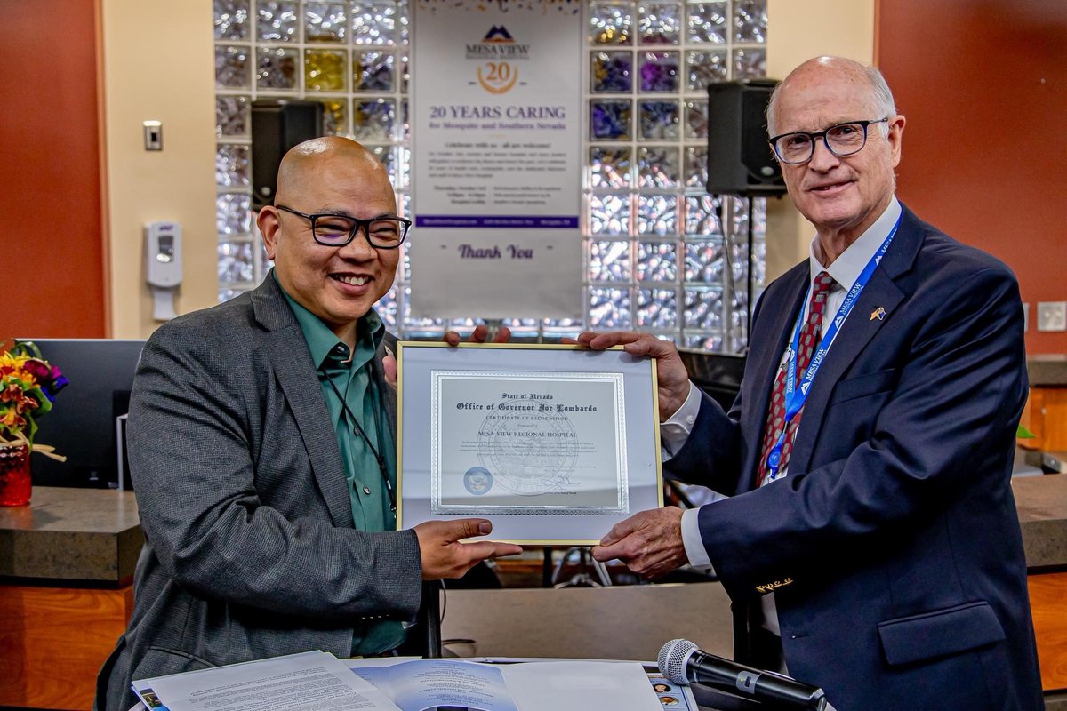 Congratulations to Mesa View Regional Hospital <a href="/MesaView/">Mesa View Hospital</a> on celebrating their 20th Anniversary! Thank you <a href="/GovLombardoNV/">Governor Lombardo</a> <a href="/tobyyureknv/">Toby Yurek</a> &amp; <a href="/JeffStoneNV/">Jeff Stone</a> for your recognition! Read more from <a href="/csauvageau_1998/">Carly Sauvageau</a> here:
mvprogress.com/2024/10/08/mes…