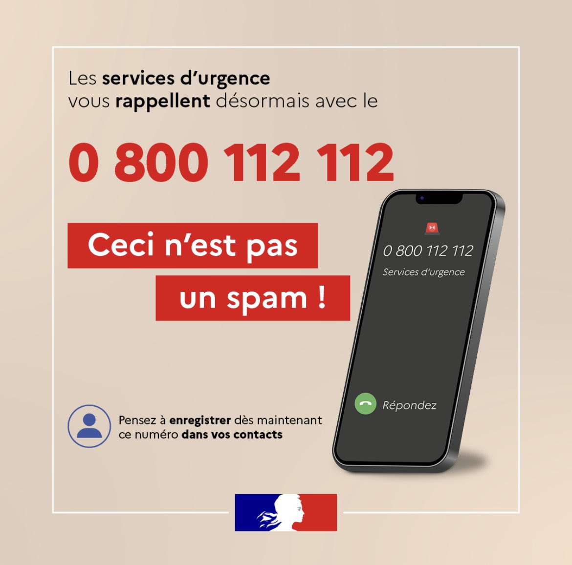 [☎️Nouveau numéro d’urgence☎️]

Le 0 800 112 112 n’est pas un spam ! 

Il s’agit désormais du numéro qu’utilisent les services d’urgence pour vous rappeler.📞

💡Enregistrez le dans vos contacts pour ne pas confondre avec un numéro frauduleux. 

<a href="/Interieur_Gouv/">Ministère de l'Intérieur</a> <a href="/Prefet39/">Préfet du Jura</a>