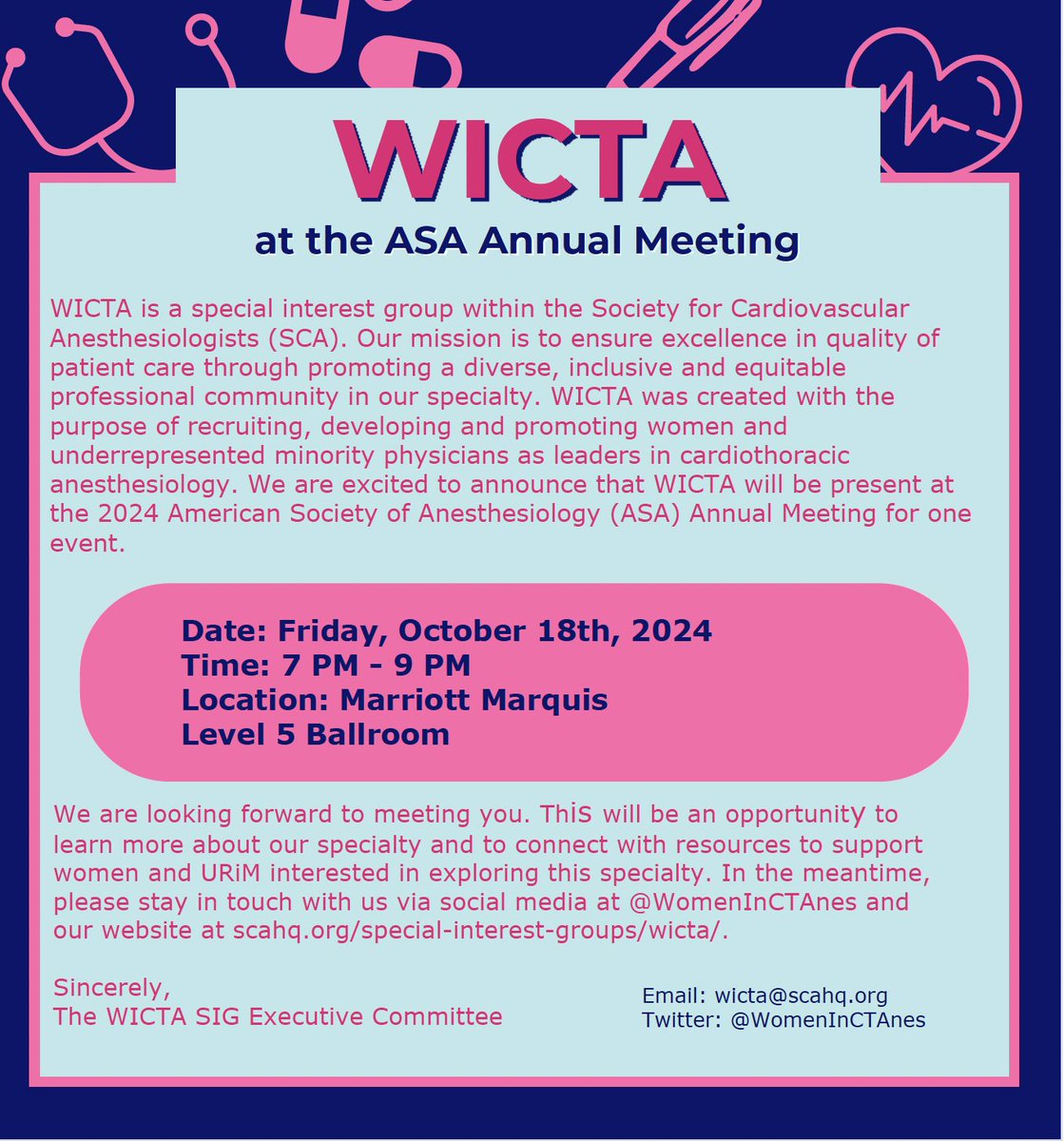 Med students, cardiothoracic anesthesiologists, and friends! Come join us to network, catch up, or connect at WICTA's medical student welcome meet and greet TOMORROW! Join us on FRIDAY, OCTOBER 18 7-9 p at the Marriott Marquis Level 5 Ballroom!

Med students: learn more about our