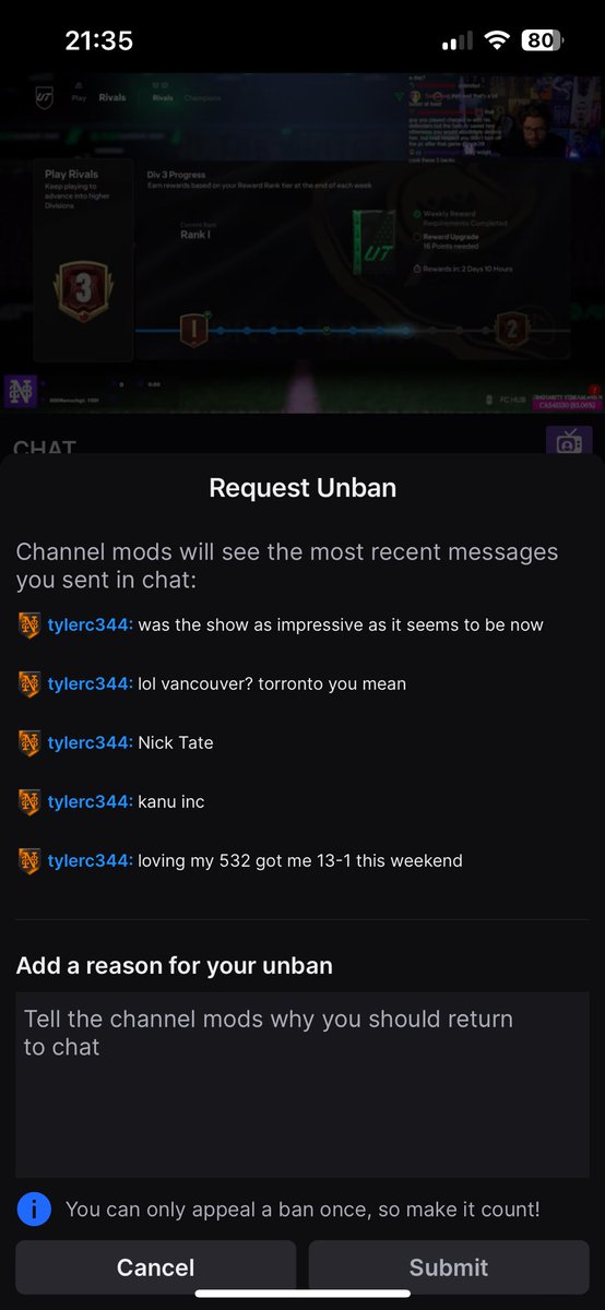 DiminutiveD's tweet photo. @Nick28T Odds on getting unbanned dude. https://t.co/5qT6w7D1pr