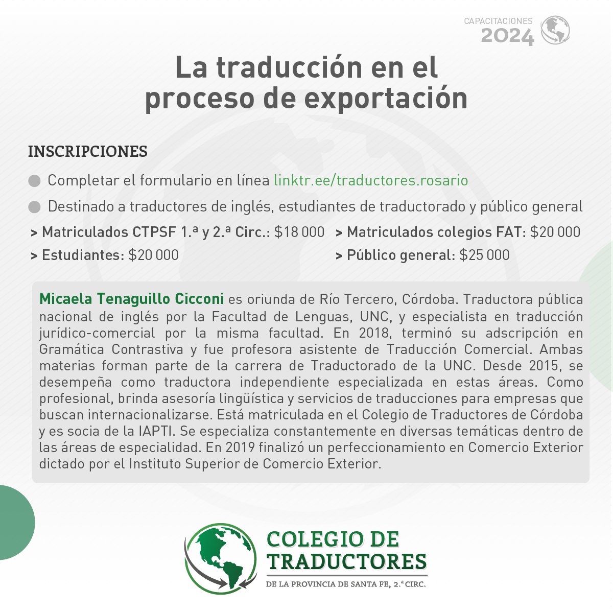 🟢 ¡Nuevo curso a distancia: «La traducción en el proceso de exportación»! 🧾📦

✍️ Link de inscripción: bit.ly/Trad_Exportaci…

¡Los esperamos!