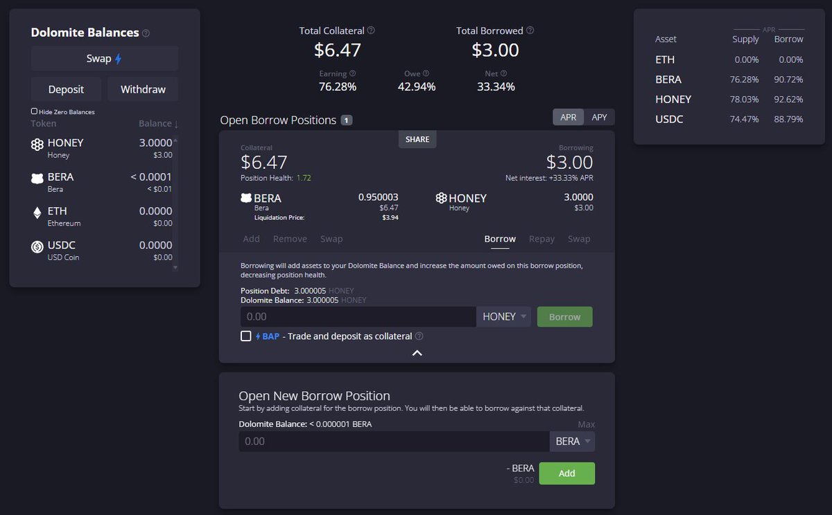 "Touch everything and be active on testnet"
- Bera Insider

If you're last-minute farming <a href="/berachain/">Berachain Foundation 🐻⛓</a>, <a href="/Dolomite_io/">Dolomite 🏔️</a> has a berachain testnet and imo has the best chance at being the de facto borrowing and lending protocol on berachain.

I grabbed some $BERA from the faucet (link