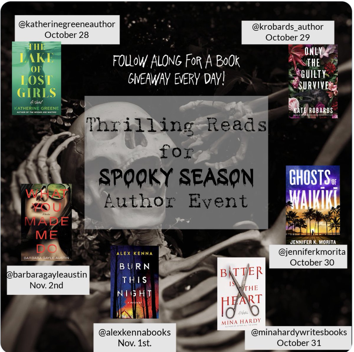 Super excited for this fun Instagram giveaway event with @authorkgreene <a href="/jenniferkmorita/">Jennifer K. Morita - order GHOSTS OF WAIKĪKĪ</a> <a href="/Kate_Robards/">Kate Robards</a> <a href="/AustinBGauthor/">Barbara Austin</a> and Mina Hardy! Follow along from October 28 to November 2 for a new giveaway every day. You can win a signed copy of my book, BURN THIS NIGHT, on November 1st.